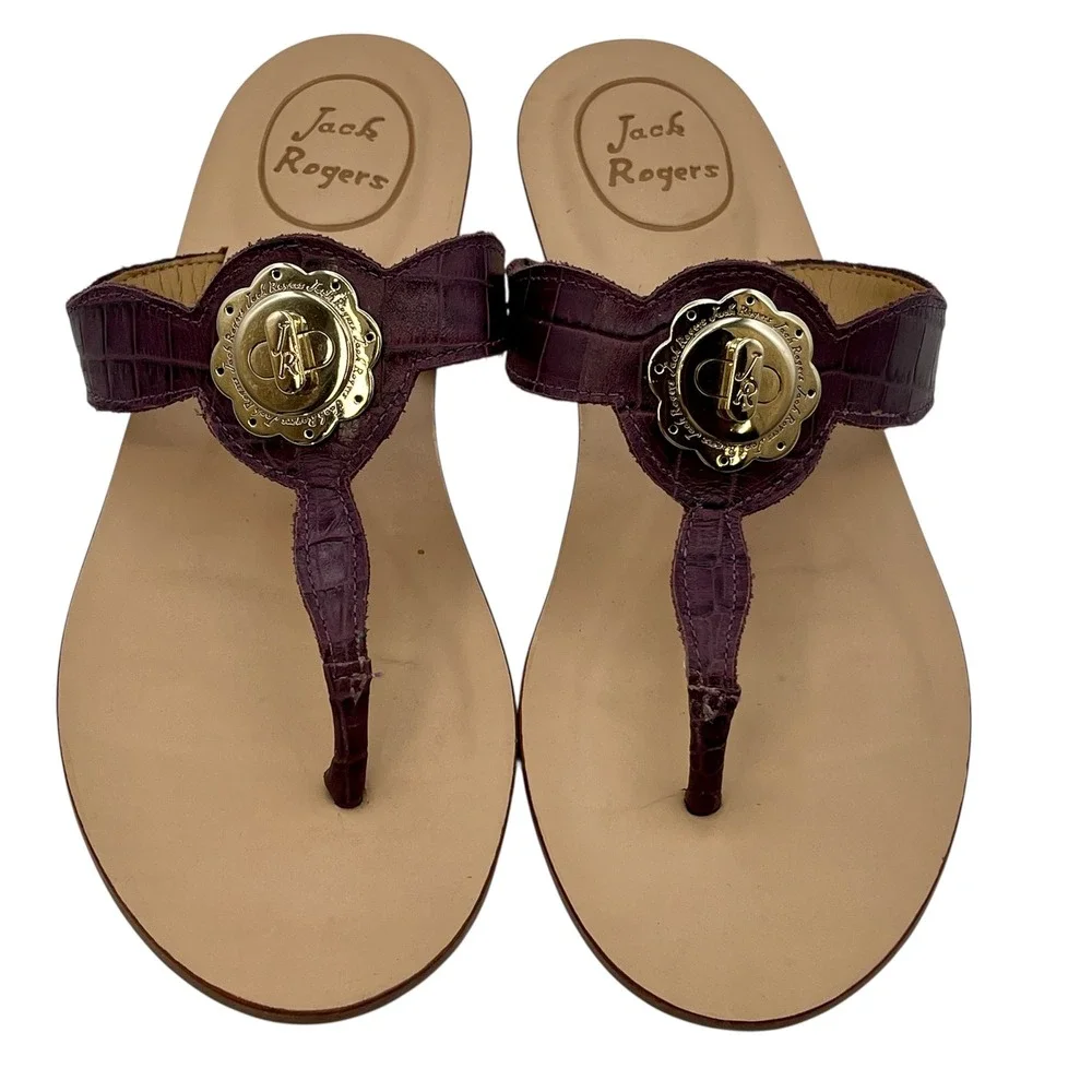 Jack Rogers Sandals Thong Wedge Purple Leather Gold Medallion Womens Size‎ 7M